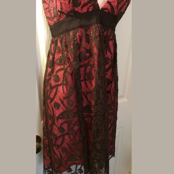MILLY of New York Lace overlay Dress Floral Pink Brown V-Neck Empire Waist Shift - Picture 5 of 11